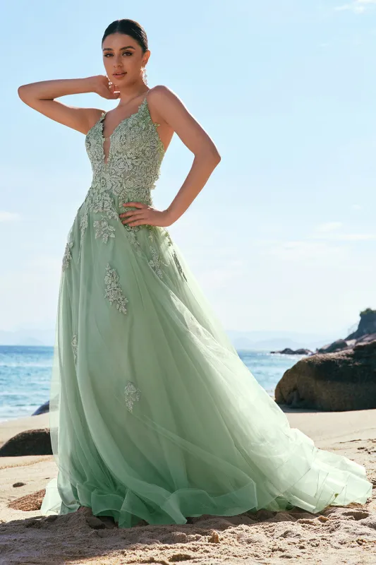 Green A-Line Spaghetti Straps Criss Cross Back Long Prom Dress with Appliques sold by Wedtrend