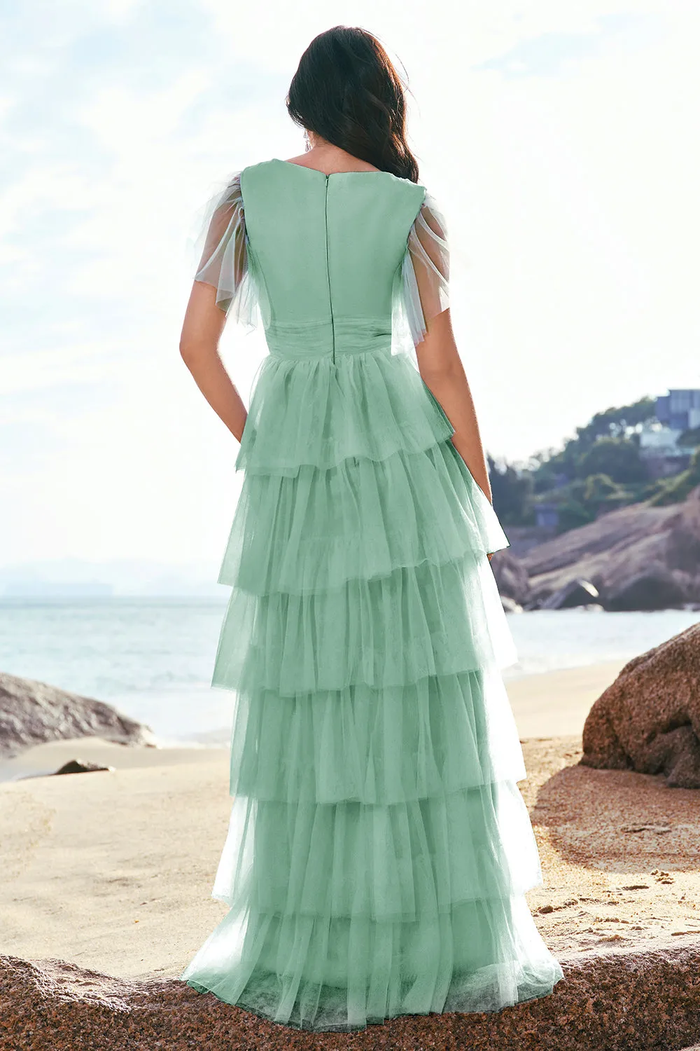 Green A-Line V Neck Ruched Tiered Long Bridesmaid Dress with Slit sold by Wedtrend product image thumbnail 2