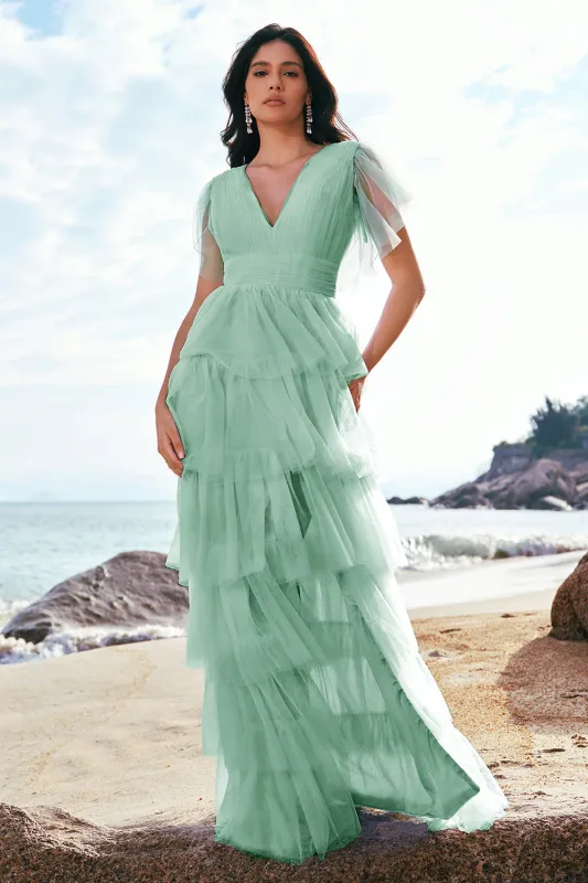 Green A-Line V Neck Ruched Tiered Long Bridesmaid Dress with Slit made by Wedtrend
