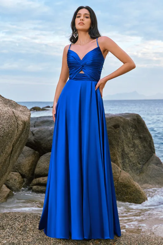 Ink Blue A-Line Keyhole Satin Pleated Long Bridesmaid Dress with Slit sold by Wedtrend