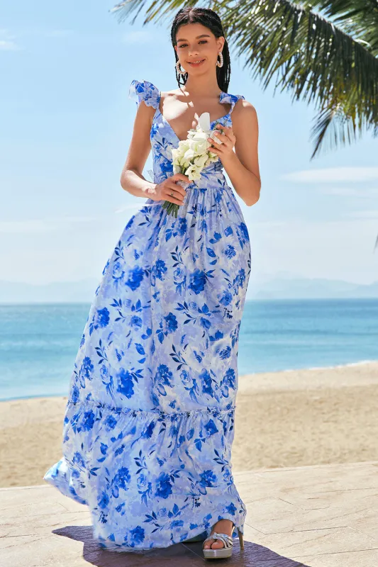 Blue A-Line V Neck Ruched Floral Long Bridesmaid Dress made by Wedtrend