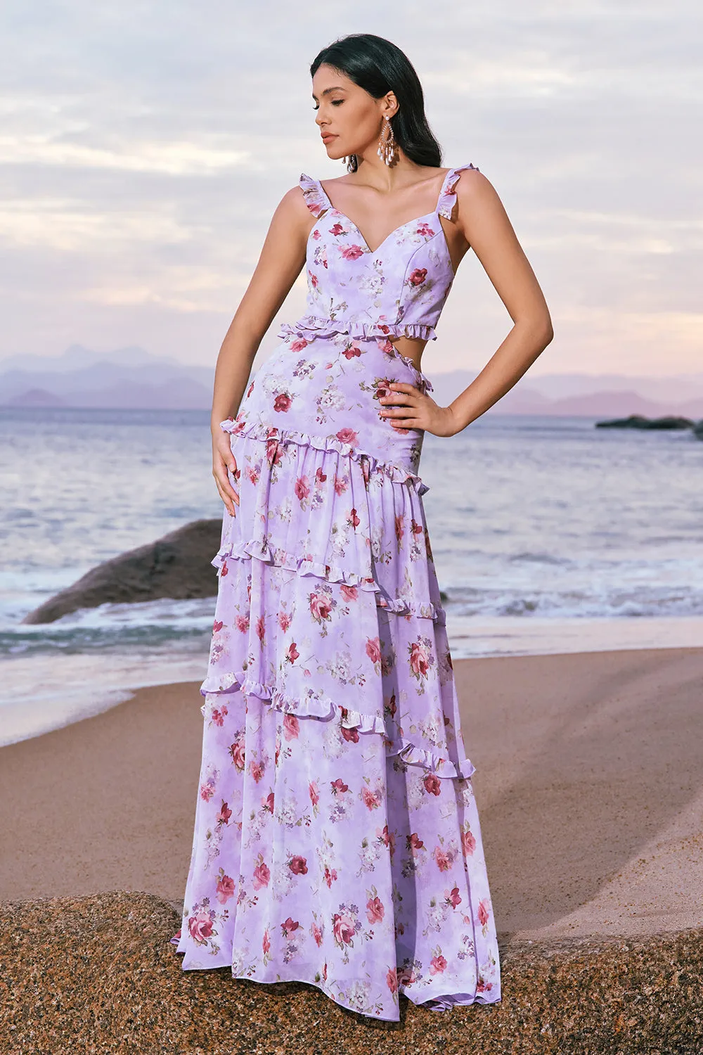 Grey Purple A-Line Cut Out Rose Print Long Bridesmaid Dress with Ruffles sold by Wedtrend product image thumbnail 5