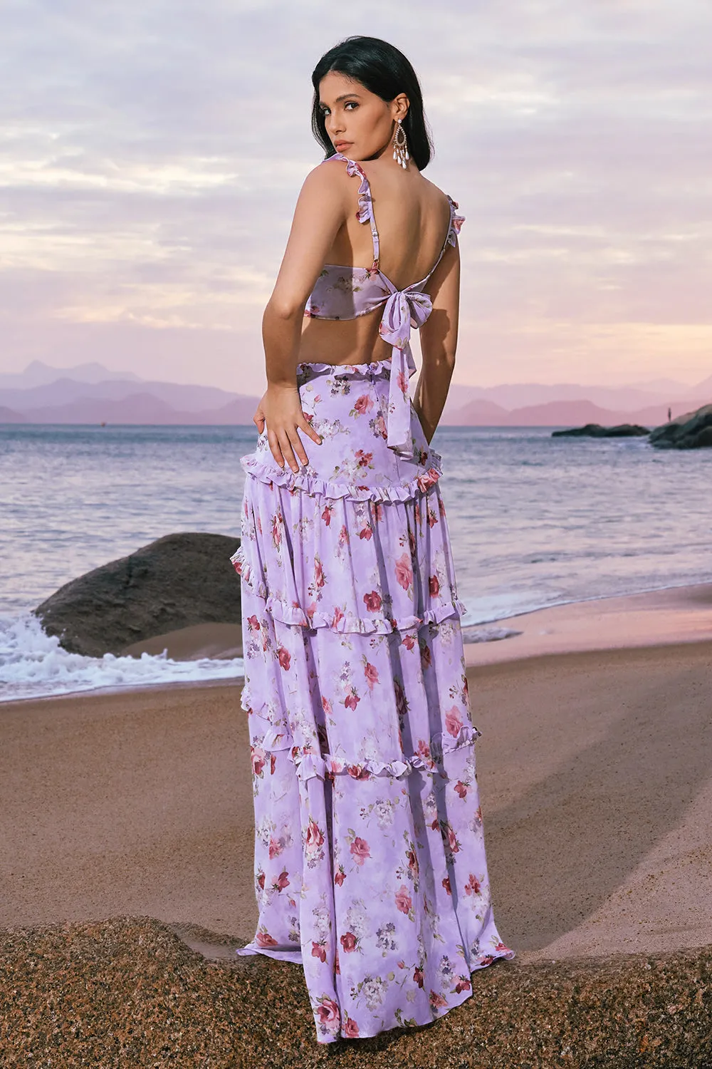 Grey Purple A-Line Cut Out Rose Print Long Bridesmaid Dress with Ruffles sold by Wedtrend product image thumbnail 3