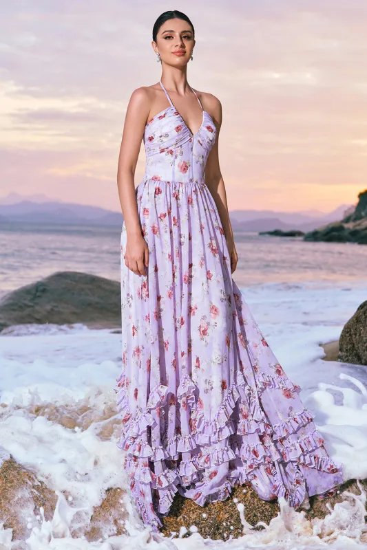 Grey Purple Flower A-Line Halter Ruched Corset Long Bridesmaid Dress with Slit made by Wedtrend