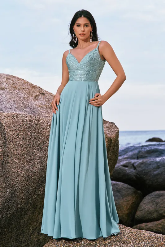Glitter Grey Green A-Line Sequin Chiffon Long Bridesmaid Dress with Slit made by Wedtrend