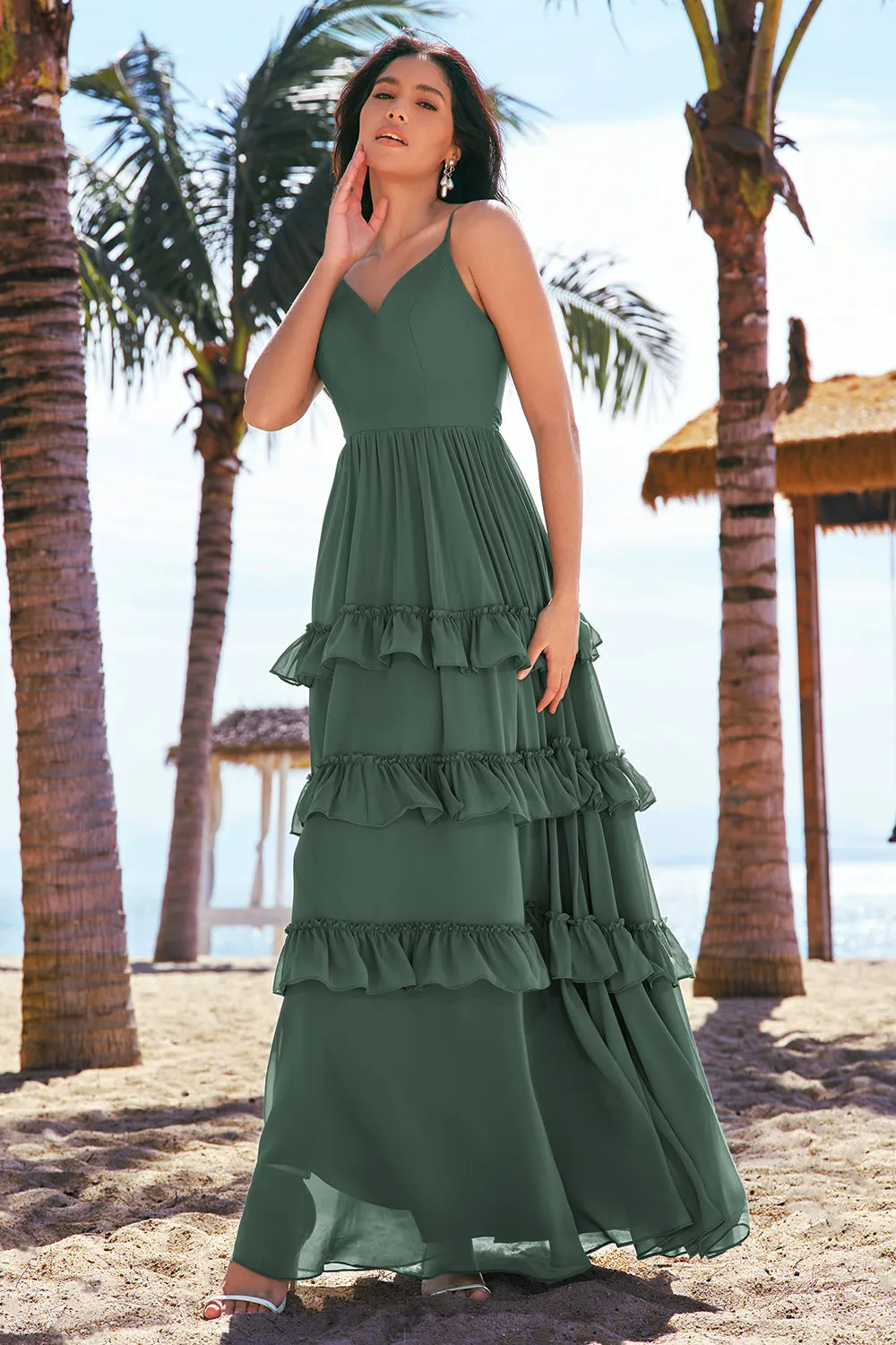 Eucalyptus A-Line Spaghetti Straps Tiered Chiffon Long Bridesmaid Dress sold by Wedtrend product image thumbnail 5