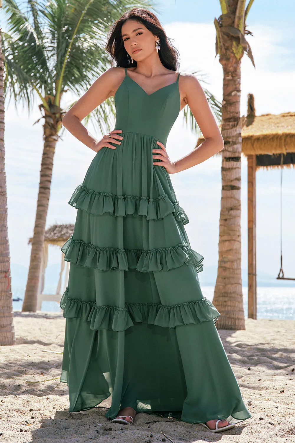 Eucalyptus A-Line Spaghetti Straps Tiered Chiffon Long Bridesmaid Dress sold by Wedtrend product image thumbnail 4