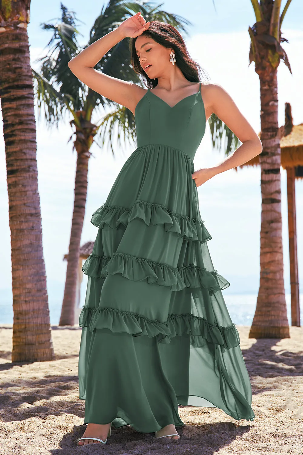 Eucalyptus A-Line Spaghetti Straps Tiered Chiffon Long Bridesmaid Dress sold by Wedtrend product image thumbnail 3