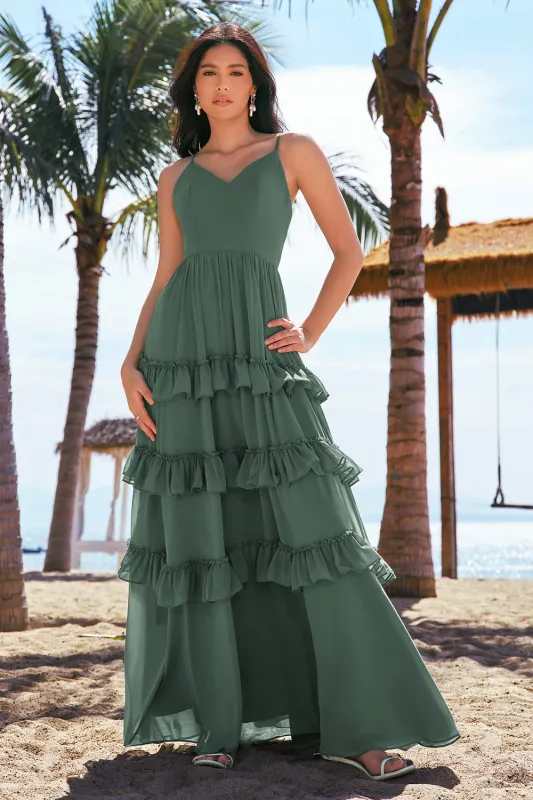 Eucalyptus A-Line Spaghetti Straps Tiered Chiffon Long Bridesmaid Dress made by Wedtrend