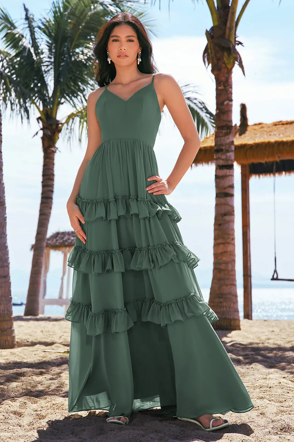 Eucalyptus A-Line Spaghetti Straps Tiered Chiffon Long Bridesmaid Dress sold by Wedtrend