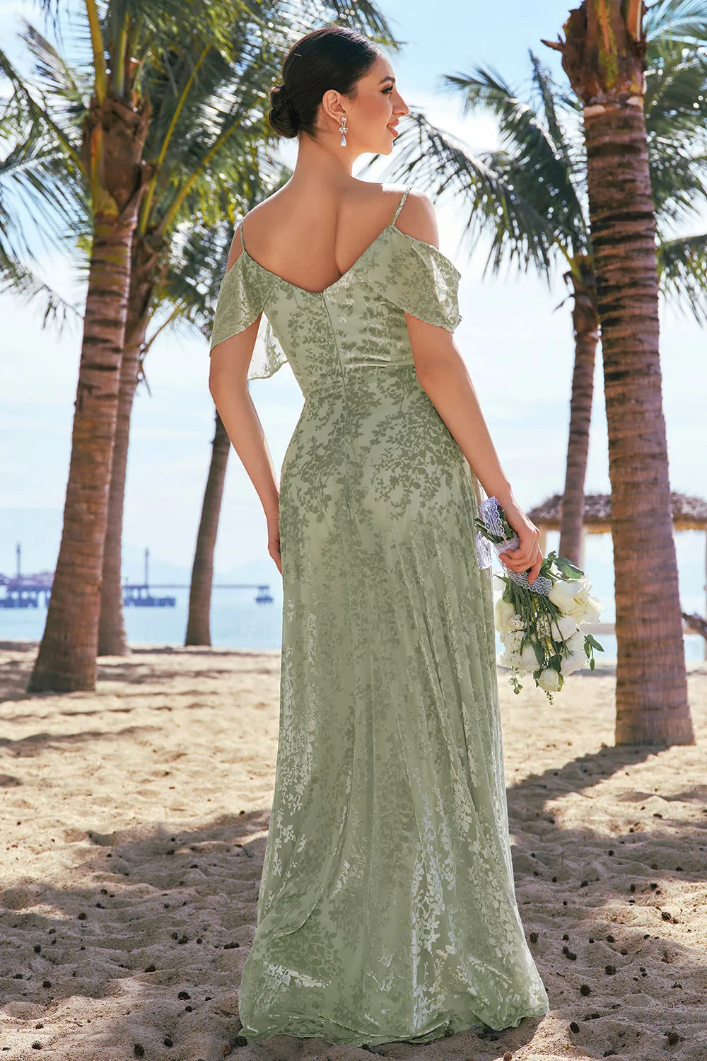 Dusty Sage Burnout Velvet A-Line Jacquard Cold Shoulder Maxi Bridesmaid Dress with Slit sold by Wedtrend product image thumbnail 2