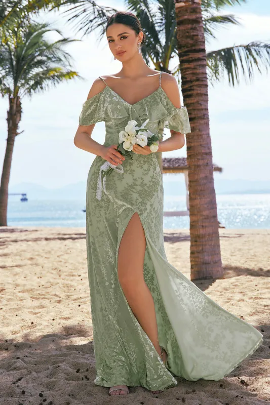 Dusty Sage Burnout Velvet A-Line Jacquard Cold Shoulder Maxi Bridesmaid Dress with Slit made by Wedtrend
