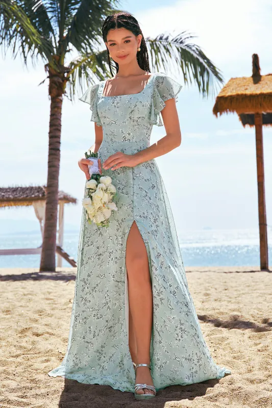 Grey Green A-Line Square Neck Floral Long Bridesmaid Dress with Slit made by Wedtrend