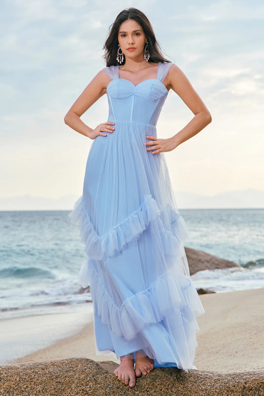 Grey Blue A-Line Ruched Corset Long Bridesmaid Dress with Ruffles sold by Wedtrend