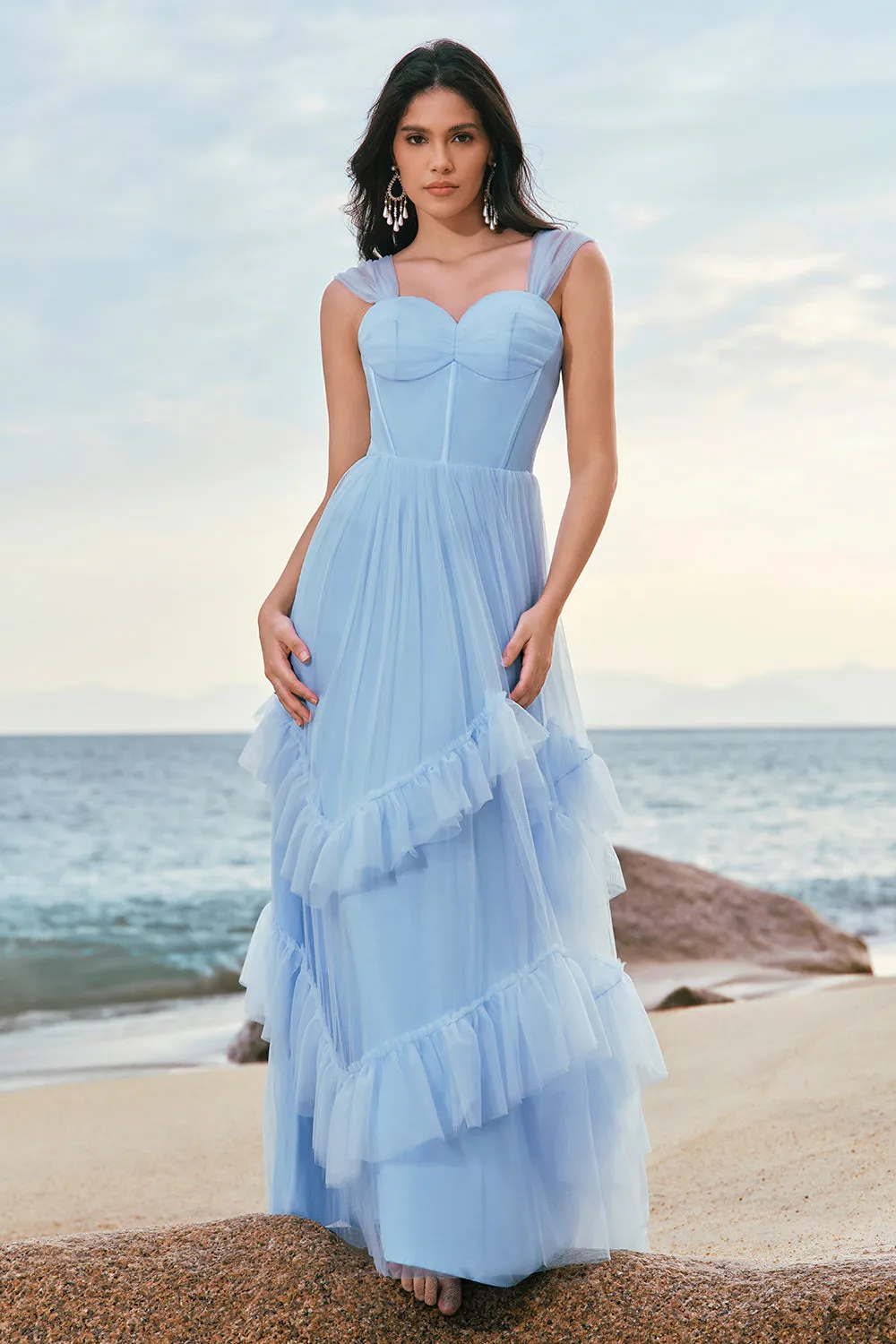 Grey Blue A-Line Ruched Corset Long Bridesmaid Dress with Ruffles sold by Wedtrend product image thumbnail 5