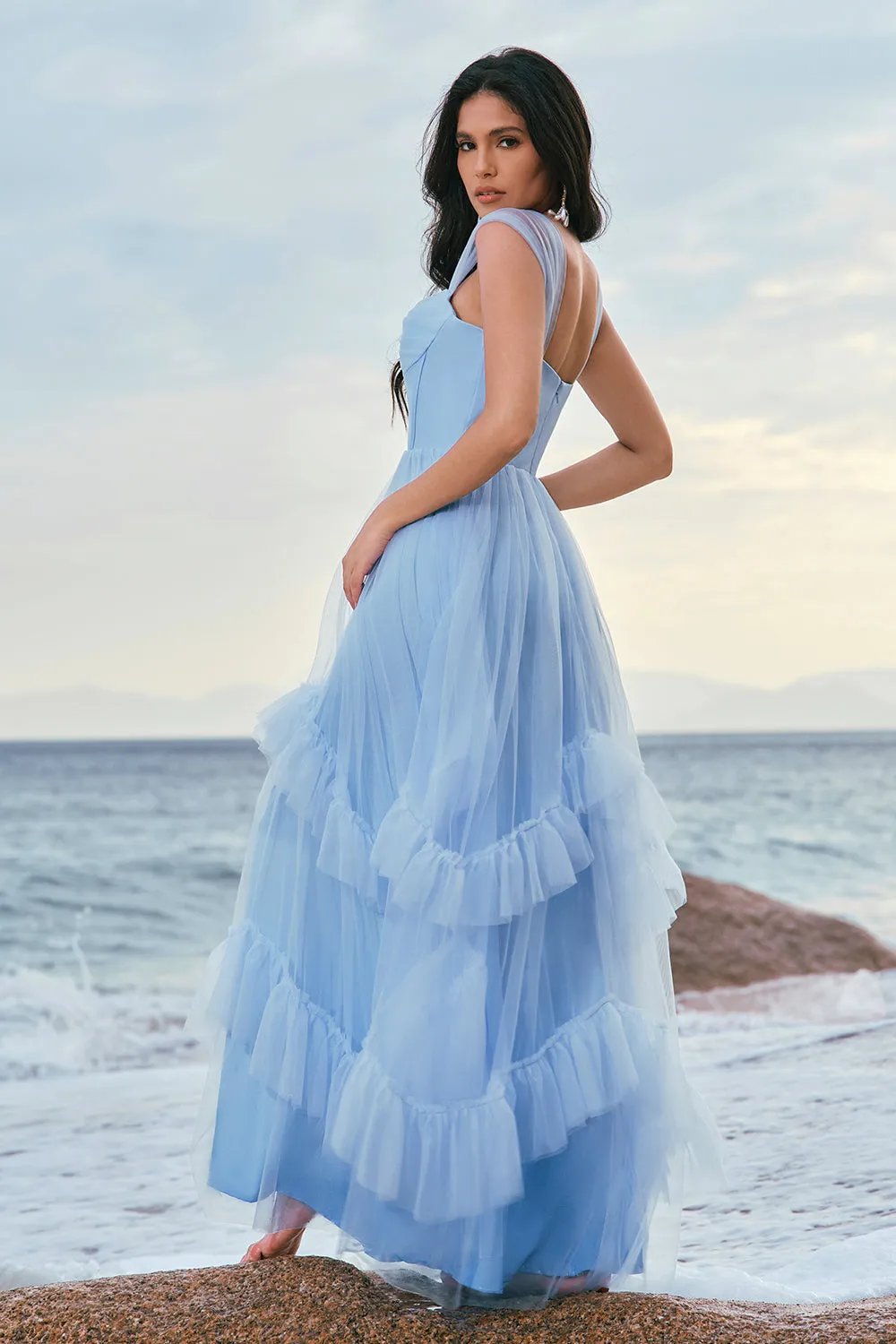 Grey Blue A-Line Ruched Corset Long Bridesmaid Dress with Ruffles sold by Wedtrend product image thumbnail 2