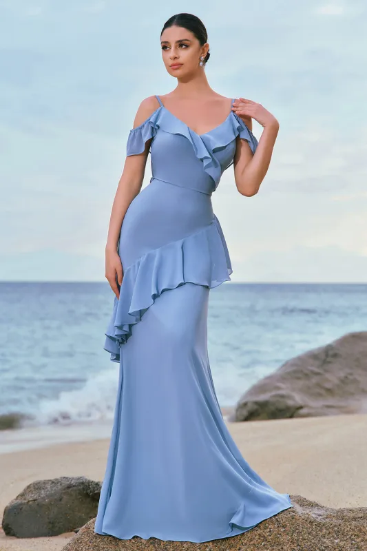 Grey Blue Cold Shoulder A-Line Chiffon Long Bridesmaid Dress with Ruffles made by Wedtrend