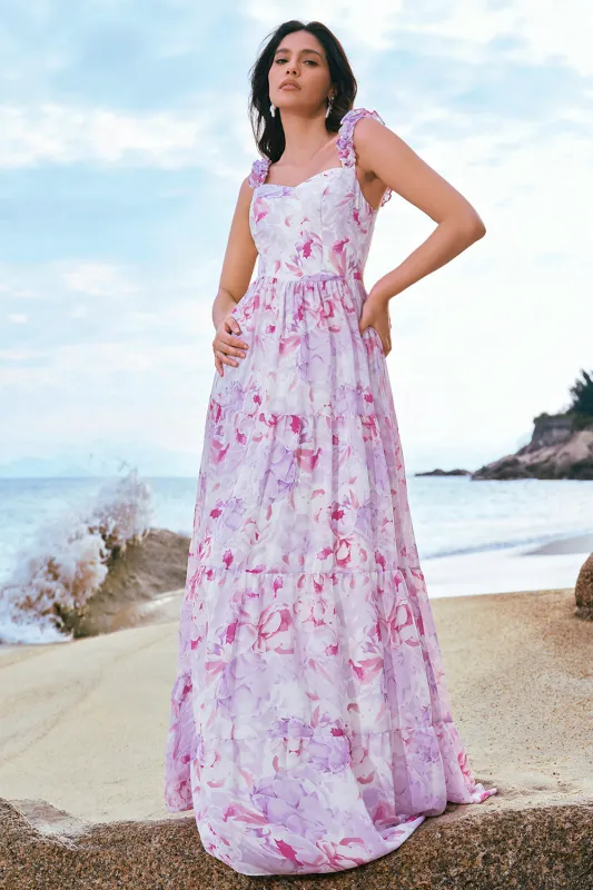 Stylish Grey Purple A Line Square Neck Print Floral Long Bridesmaid Dress with Lace Up Back sold by Wedtrend