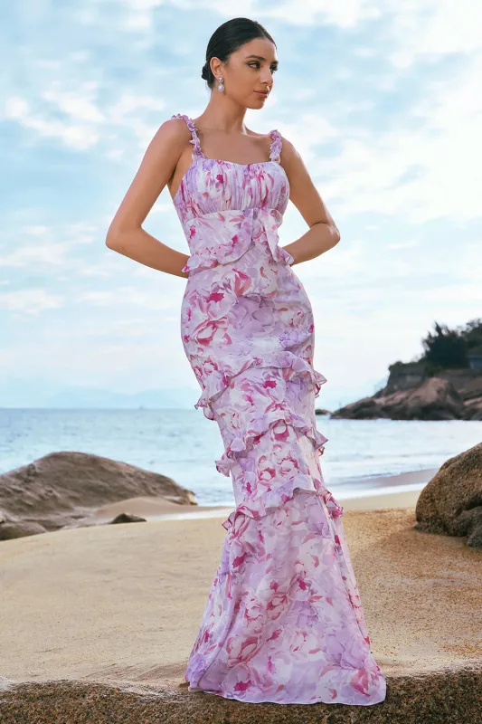 Stylish Grey Purple Sheath Ruched Print Floral Bridesmaid Dress with Ruffles sold by Wedtrend