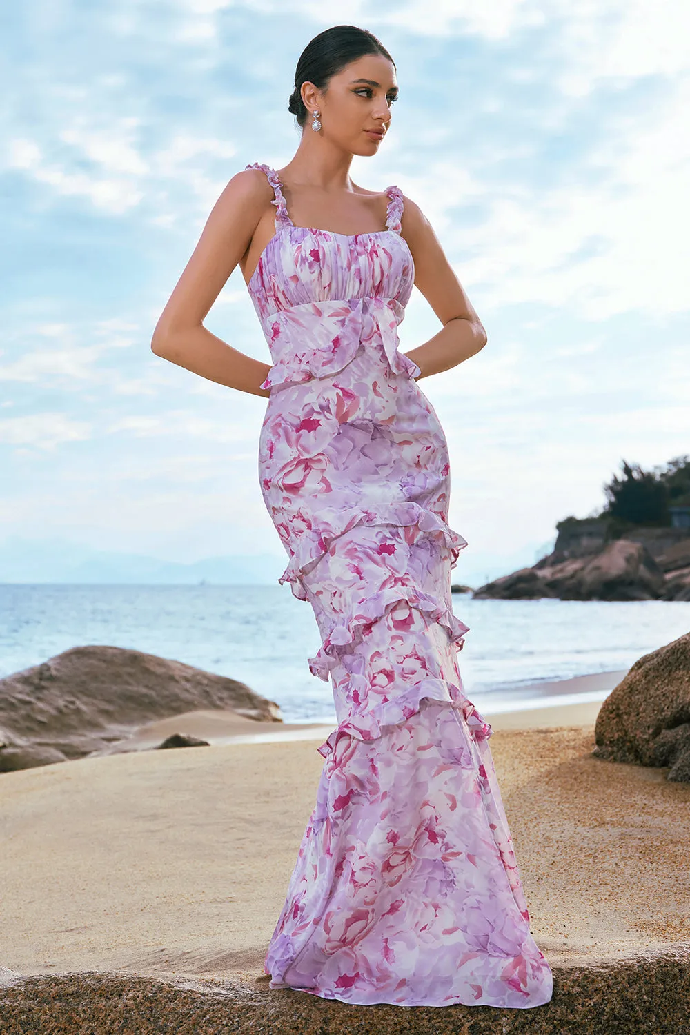 Stylish Grey Purple Sheath Ruched Print Floral Bridesmaid Dress with Ruffles sold by Wedtrend