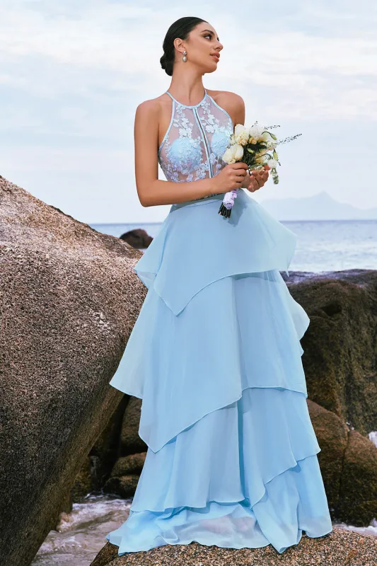 Sparkly Sky Blue A Line Halter Tiered Bridesmaid Dress with Lace Up Back made by Wedtrend