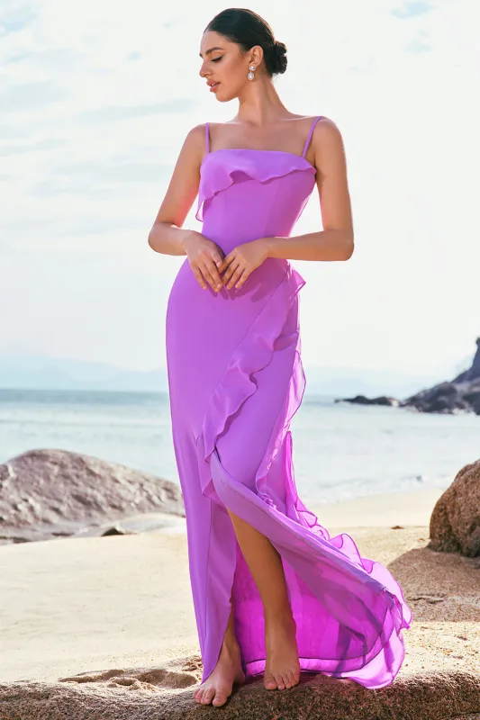 Sheath Spaghetti Straps Ruffle Long Tahiti Chiffon Bridesmaid Dress with Slit made by Wedtrend