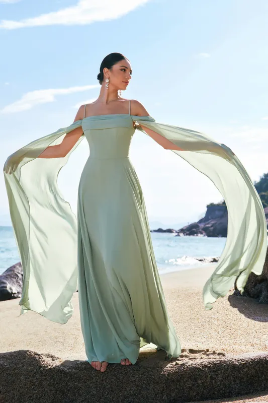 Light Green Fitted Cold Shoulder Chiffon Bridesmaid Dress with Detachable Sleeves made by Wedtrend