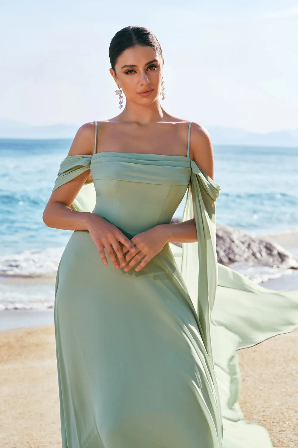 Light Green Fitted Cold Shoulder Chiffon Bridesmaid Dress with Detachable Sleeves sold by Wedtrend product image thumbnail 4