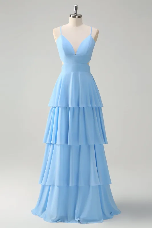 Sky Blue A Line V Neck Tiered Long Bridesmaid Dress with Lace Up Back made by Wedtrend
