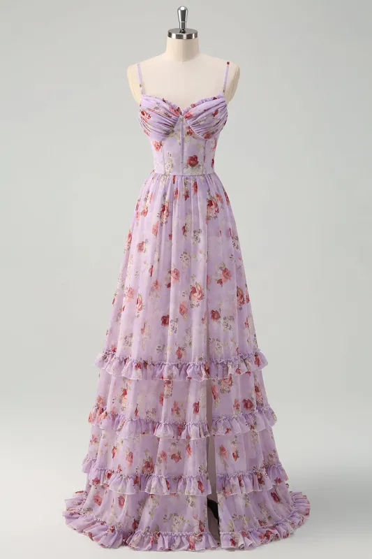 Grey Purple A Line Print Floral Lace Up Back Bridesmaid Dress with Slit sold by Wedtrend