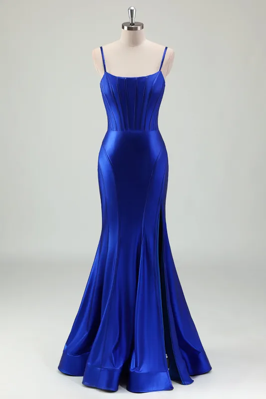 Sparkly Royal Blue Mermaid Lace Up Back Corset Long Prom Dress with Slit sold by Wedtrend