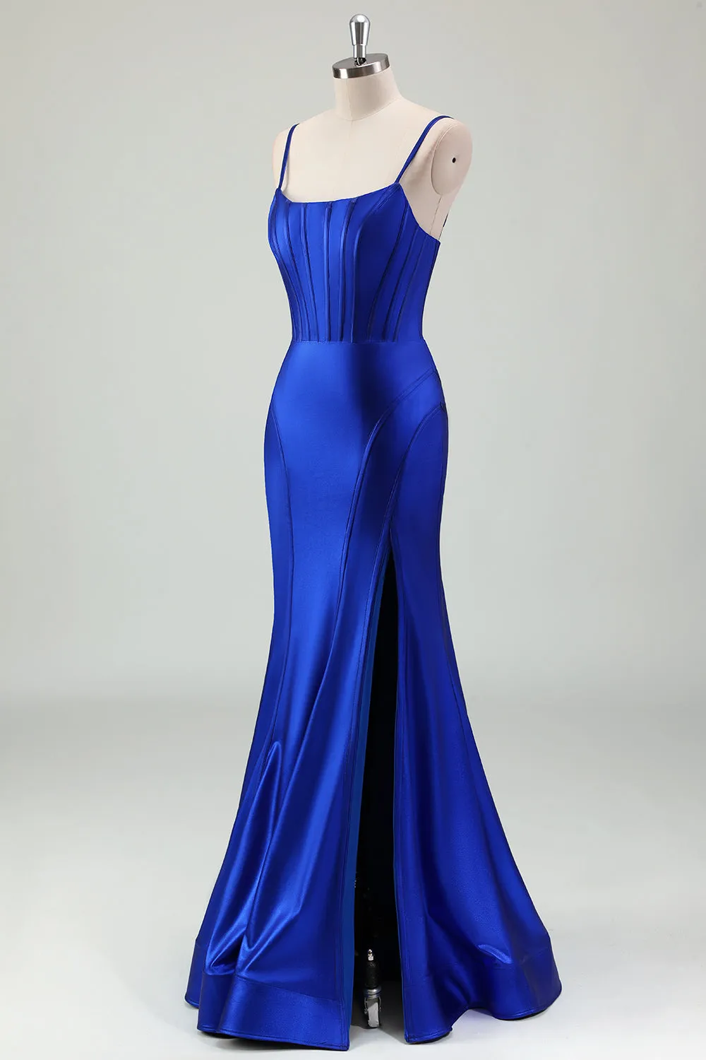 Sparkly Royal Blue Mermaid Lace Up Back Corset Long Prom Dress with Slit sold by Wedtrend product image thumbnail 3