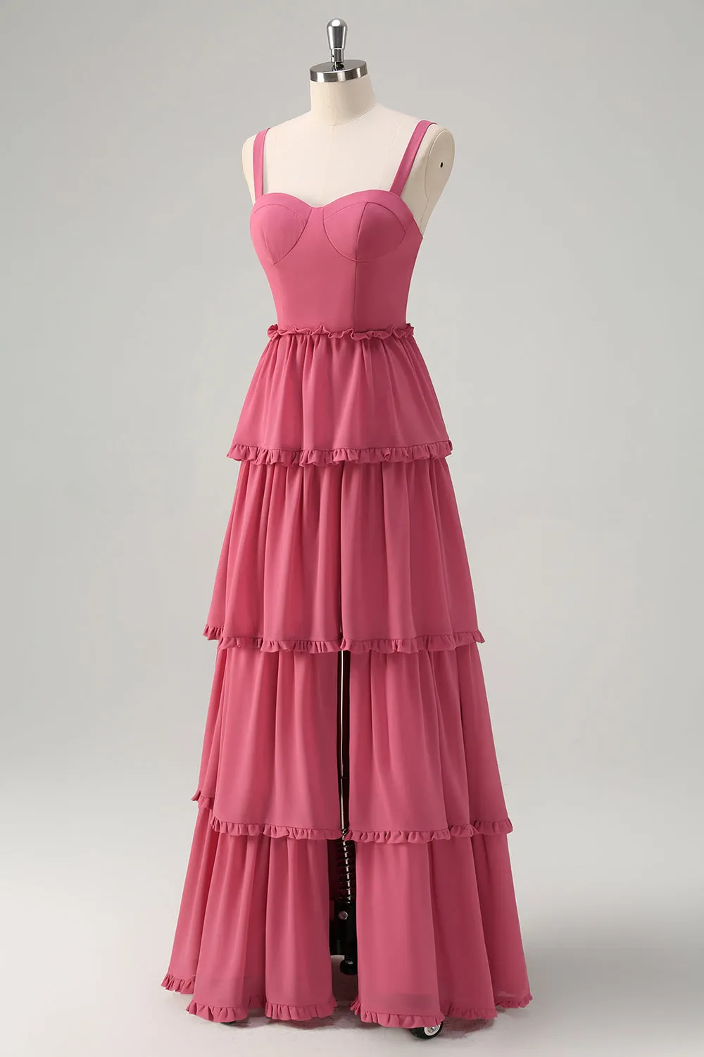 Rusty Rose A Line Tiered Lace Up Back Long Bridesmaid Dress with Slit sold by Wedtrend product image thumbnail 3