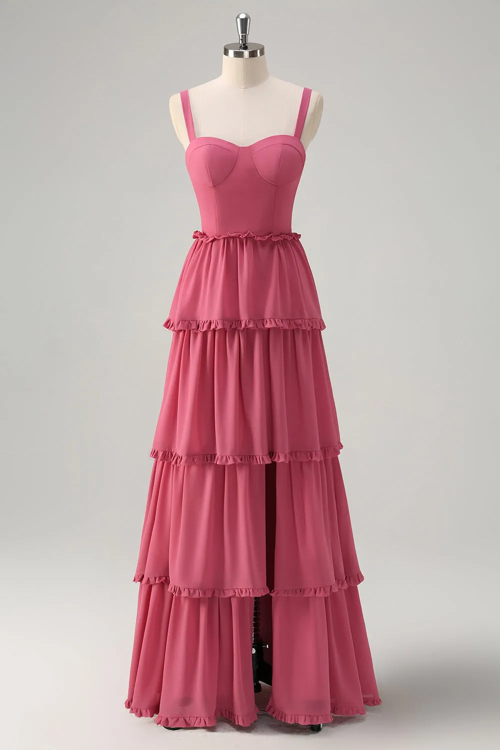 Rusty Rose A Line Tiered Lace Up Back Long Bridesmaid Dress with Slit sold by Wedtrend