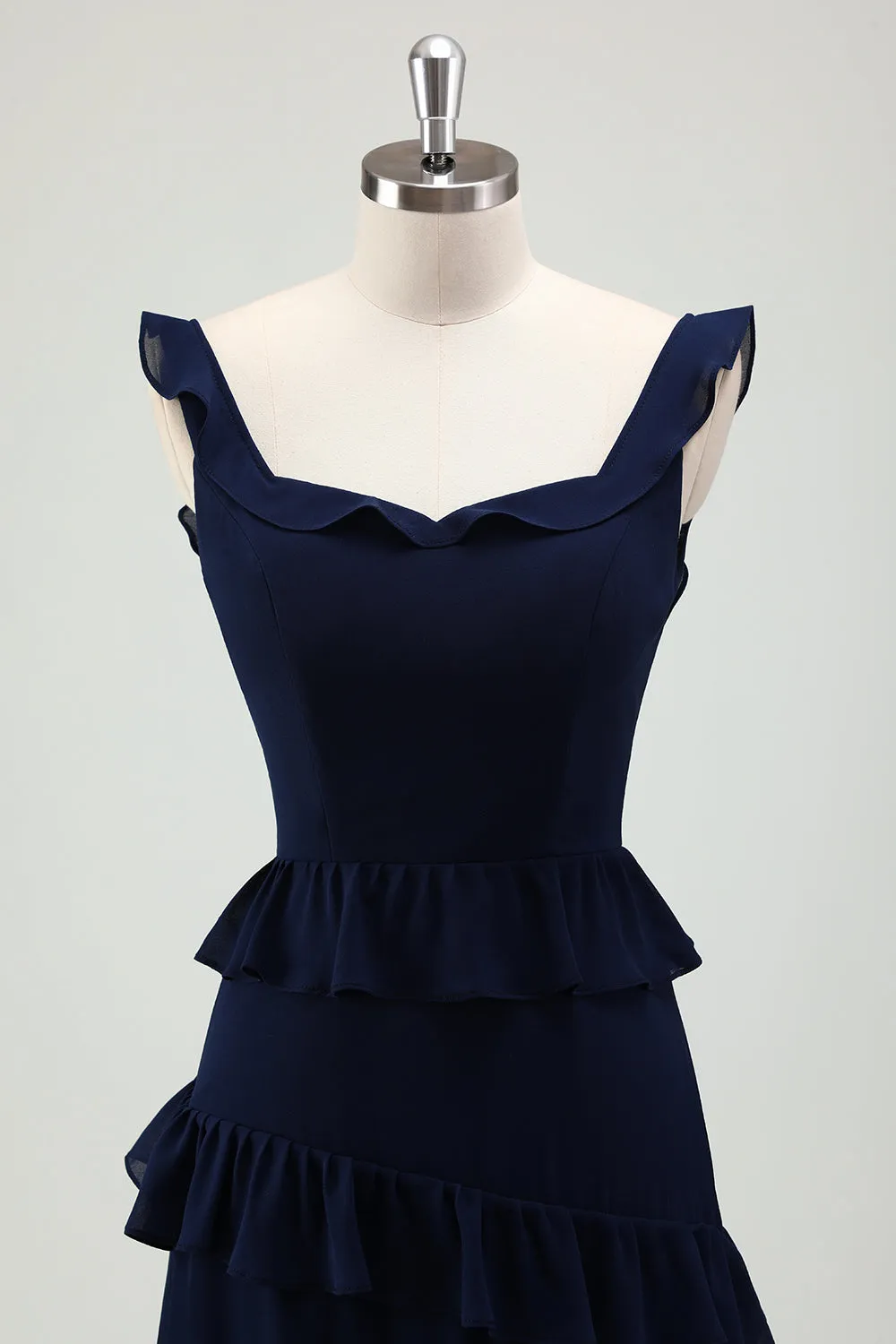 Dark Navy A Line Backless Floor Length Tiered Ruffle Bridesmaid Dress sold by Wedtrend product image thumbnail 5