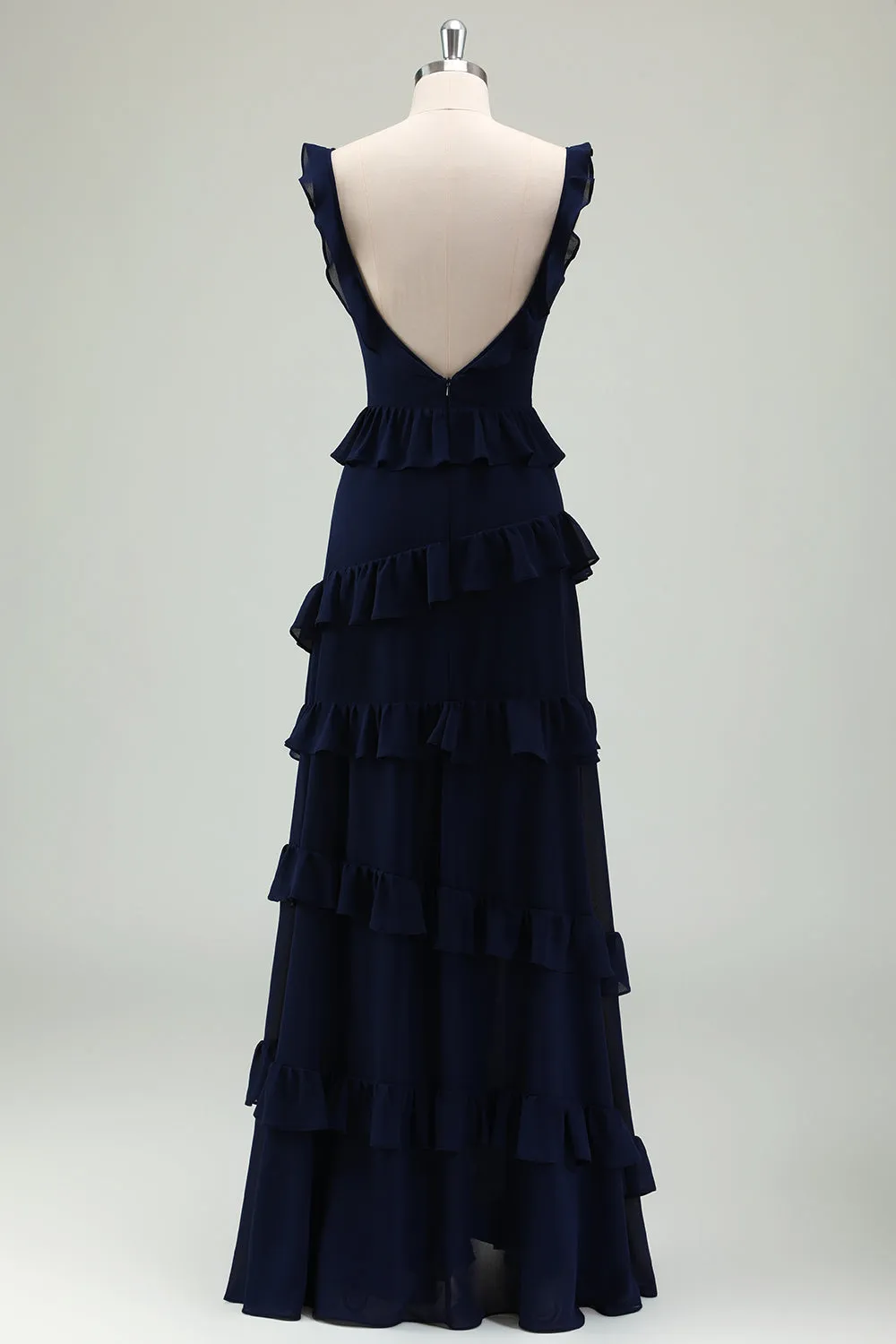 Dark Navy A Line Backless Floor Length Tiered Ruffle Bridesmaid Dress sold by Wedtrend product image thumbnail 2