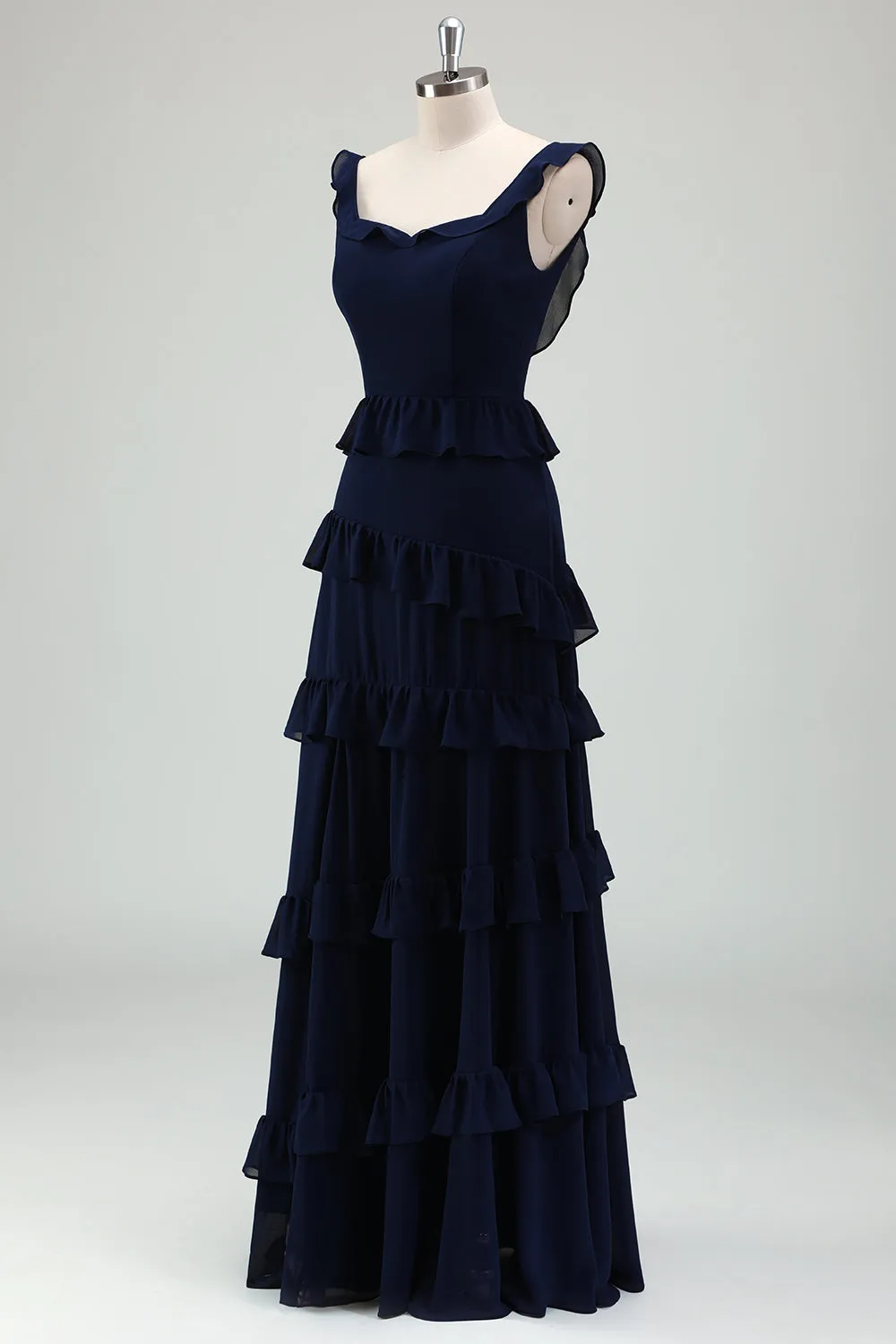 Dark Navy A Line Backless Floor Length Tiered Ruffle Bridesmaid Dress sold by Wedtrend product image thumbnail 4