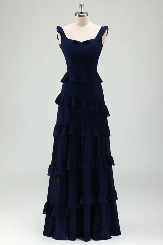 Dark Navy A Line Backless Floor Length Tiered Ruffle Bridesmaid Dress sold by Wedtrend