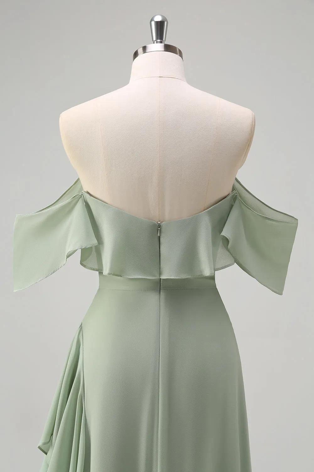 Light Green Sheath Off The Shoulder Chiffon Long Bridesmaid Dress with Ruffle Slit sold by Wedtrend product image thumbnail 5