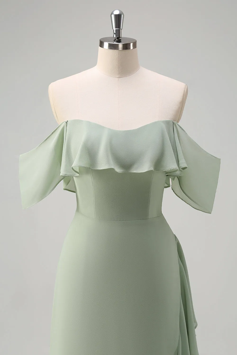 Light Green Sheath Off The Shoulder Chiffon Long Bridesmaid Dress with Ruffle Slit sold by Wedtrend product image thumbnail 4
