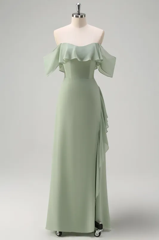 Light Green Sheath Off The Shoulder Chiffon Long Bridesmaid Dress with Ruffle Slit sold by Wedtrend