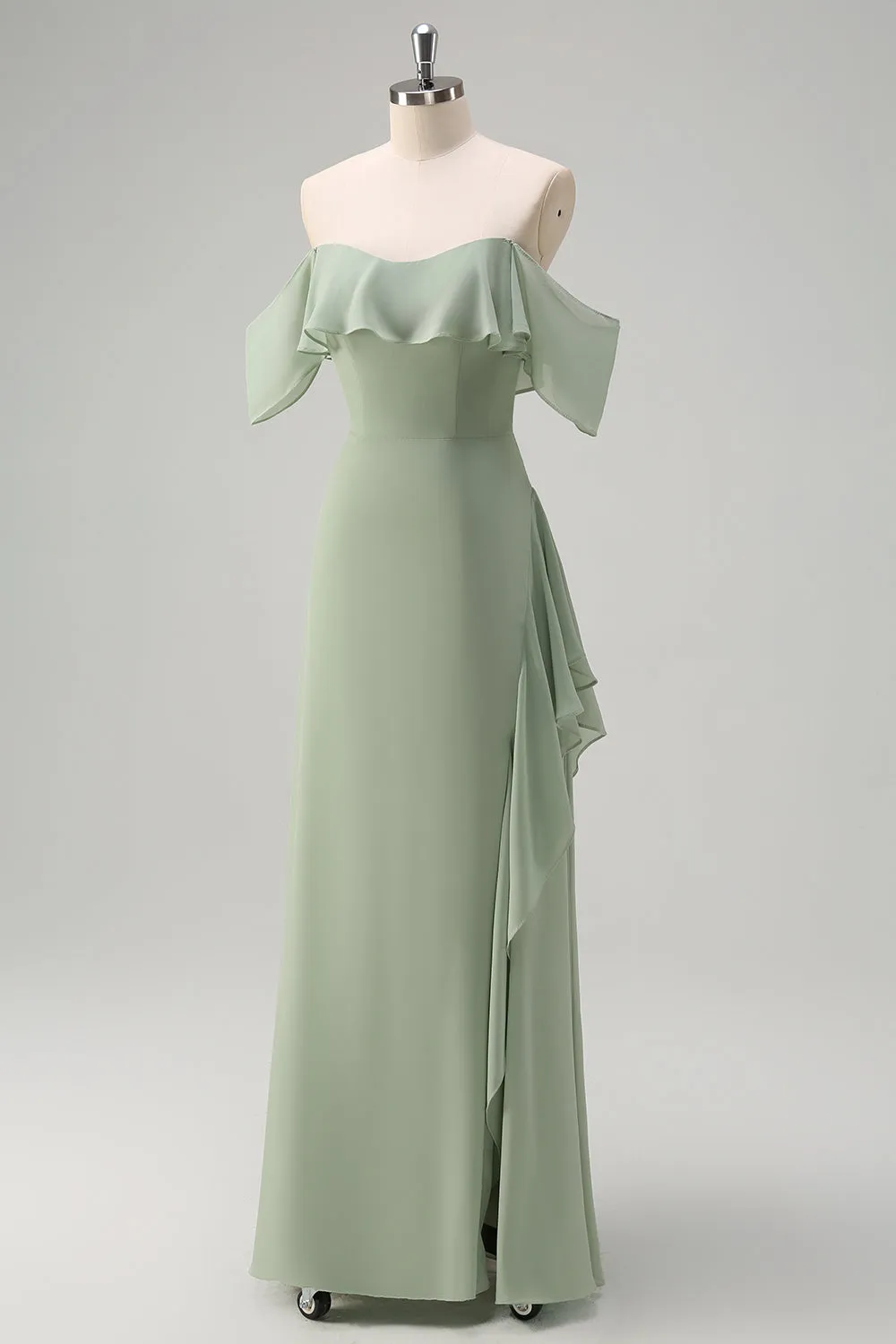 Light Green Sheath Off The Shoulder Chiffon Long Bridesmaid Dress with Ruffle Slit sold by Wedtrend product image thumbnail 3