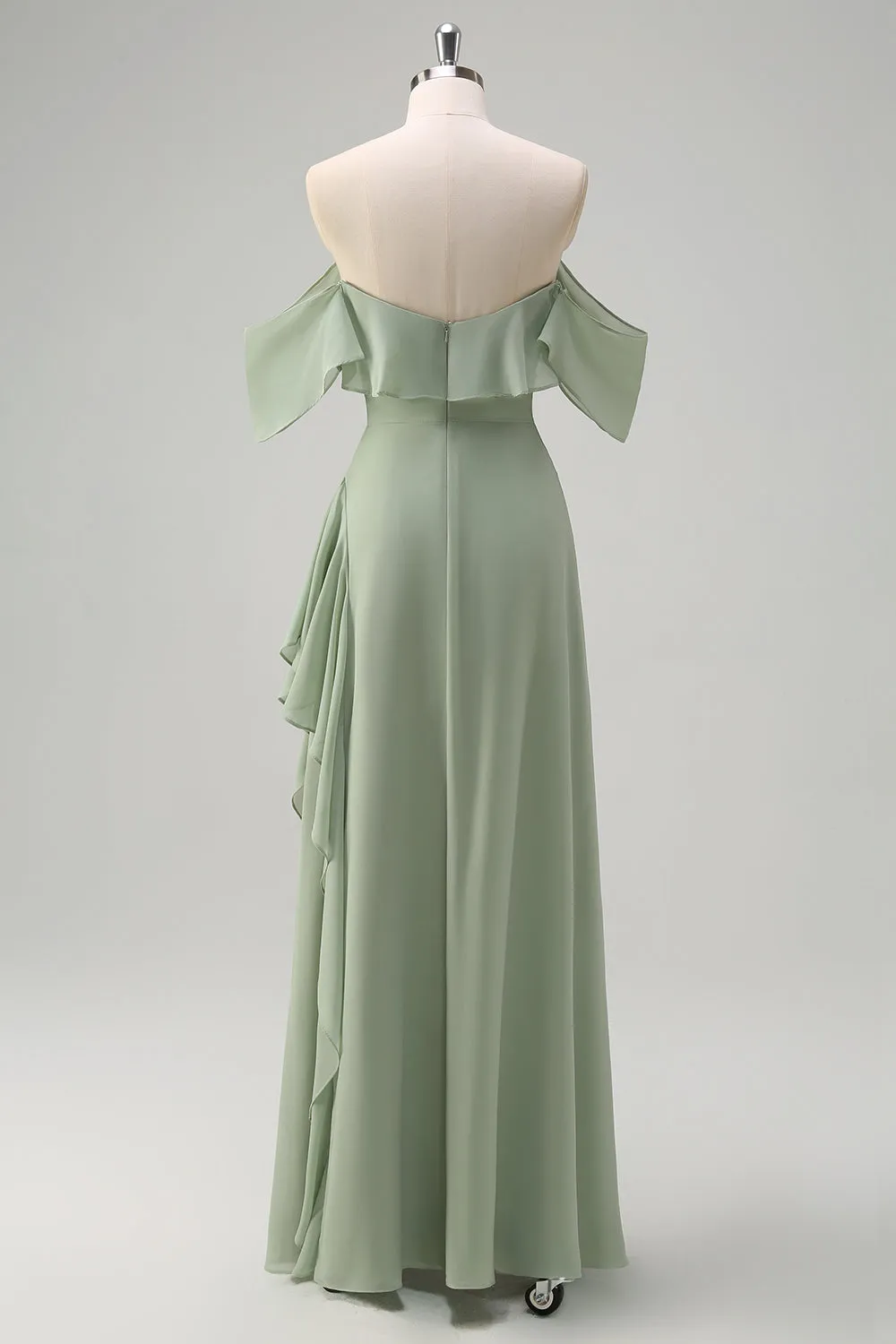 Light Green Sheath Off The Shoulder Chiffon Long Bridesmaid Dress with Ruffle Slit sold by Wedtrend product image thumbnail 2