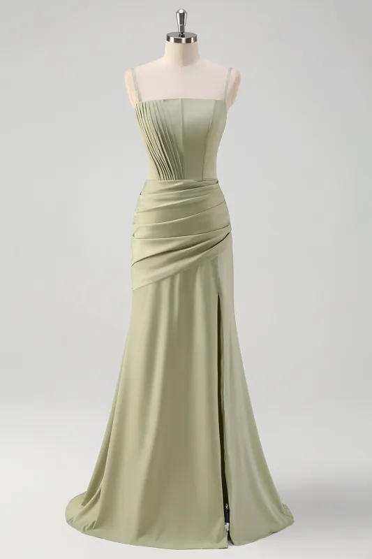Sage Mermaid Spaghetti Straps Pleated Corset Long Bridesmaid Dress With Slit sold by Wedtrend