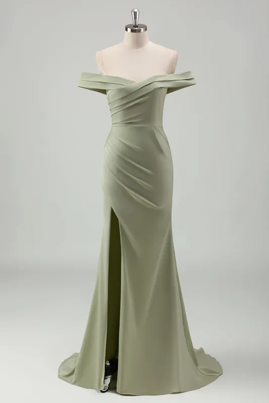 Sage Mermaid Off The Shoulder Pleated Long Bridesmaid Dress With Slit sold by Wedtrend