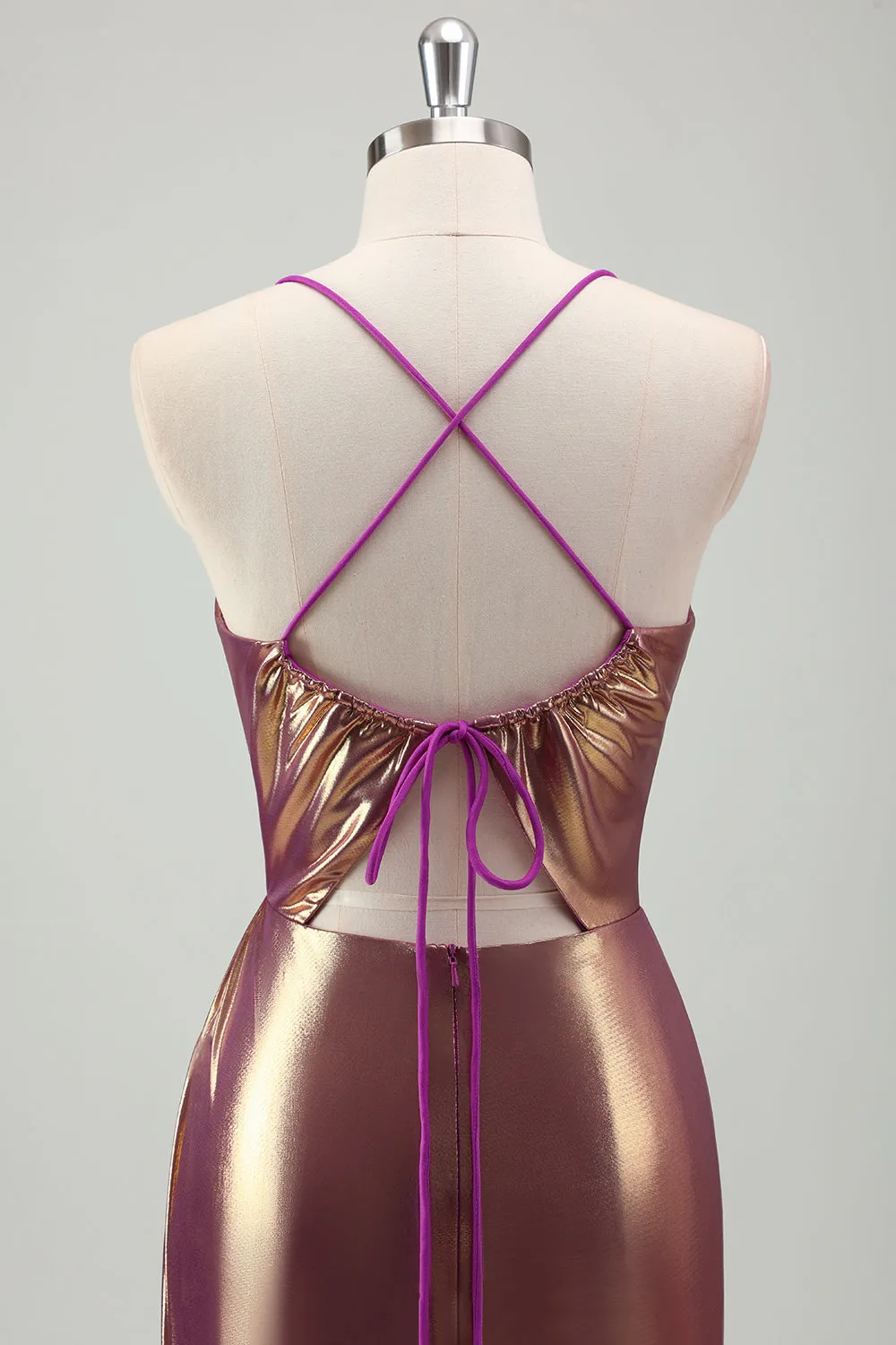 Golden Mermaid Spaghetti Straps Ruched Metallic Long Prom Dress with High Slit sold by Wedtrend product image thumbnail 5