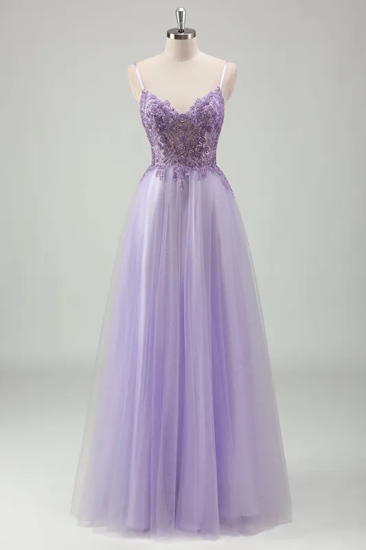 Sparkly Purple A Line Spaghetti Straps Corset Long Prom Dress with Appliques sold by Wedtrend