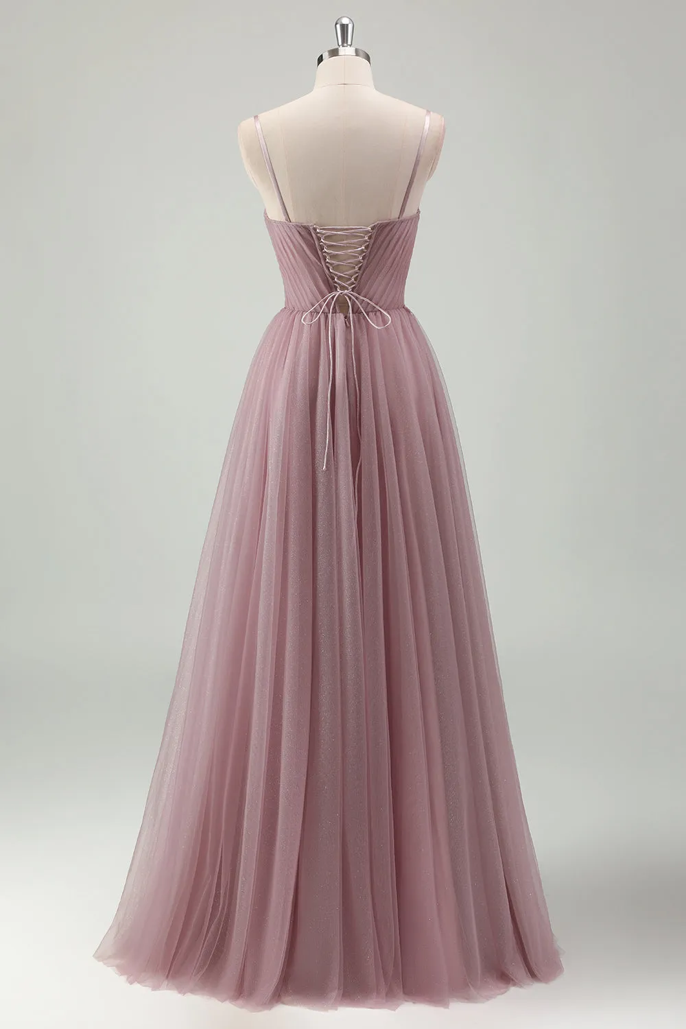 Grey Purple A Line Spaghetti Straps Pleated Long Prom Dress with Appliques sold by Wedtrend product image thumbnail 2