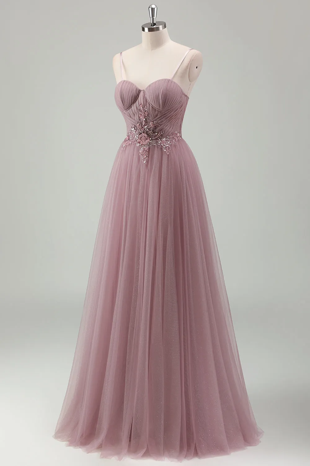 Grey Purple A Line Spaghetti Straps Pleated Long Prom Dress with Appliques sold by Wedtrend product image thumbnail 3