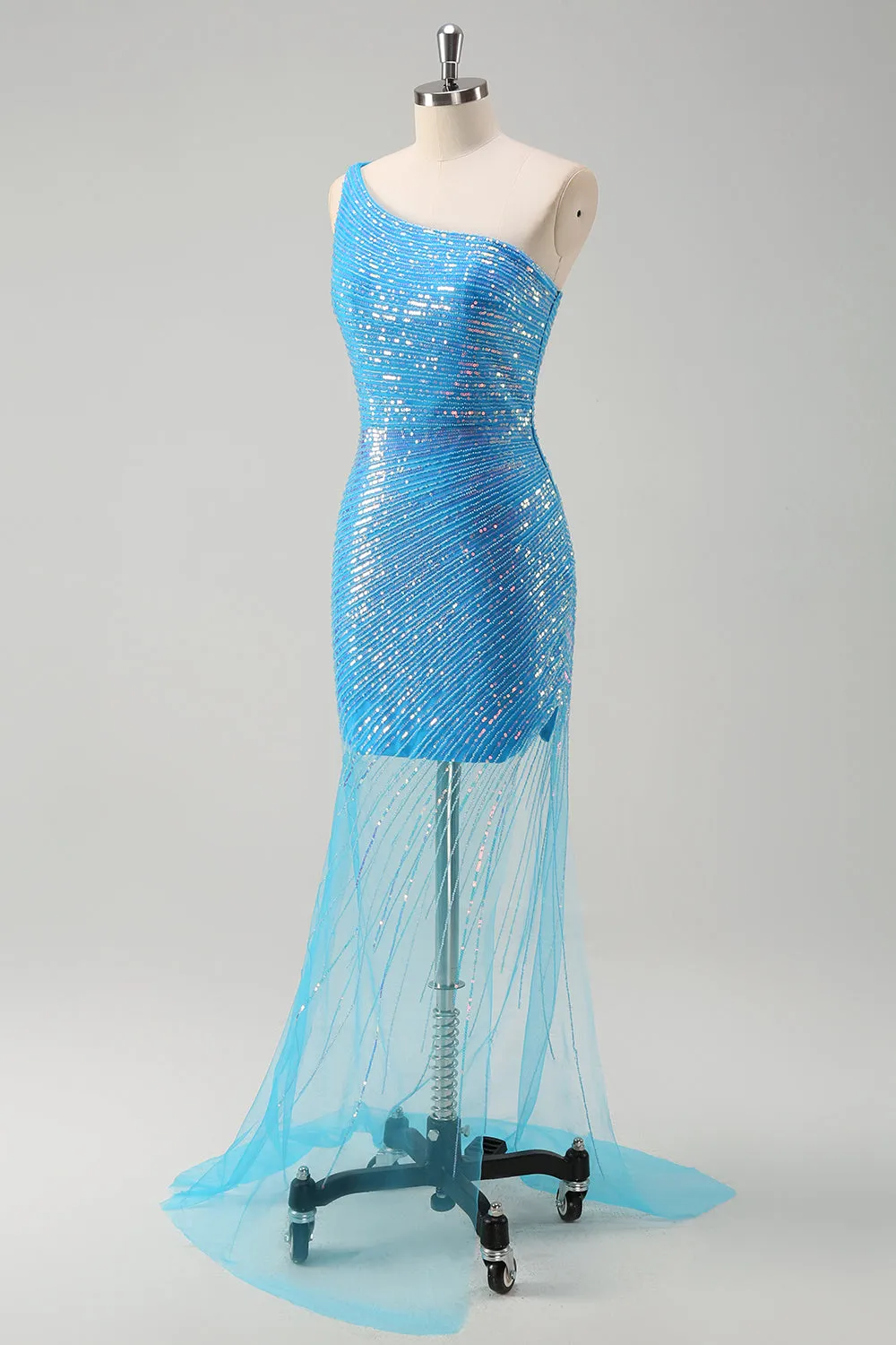 Sparkly Blue Tight One Shoulder Prom Dress With Sequins sold by Wedtrend product image thumbnail 3